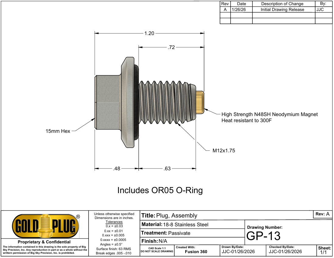 GP13 | GoldPlug | M12x1.75 | USA | Magnetic Drain Plug | Stainless | GoldPlug | Made in USA | Stainless Magnetic Drain Plug | Fits all Chevy/GMC 2020-2026, Fits All Ford Cars/SUVs EXCEPT 3.0l and 2.7l V6 | Includes OR05 O-Ring |