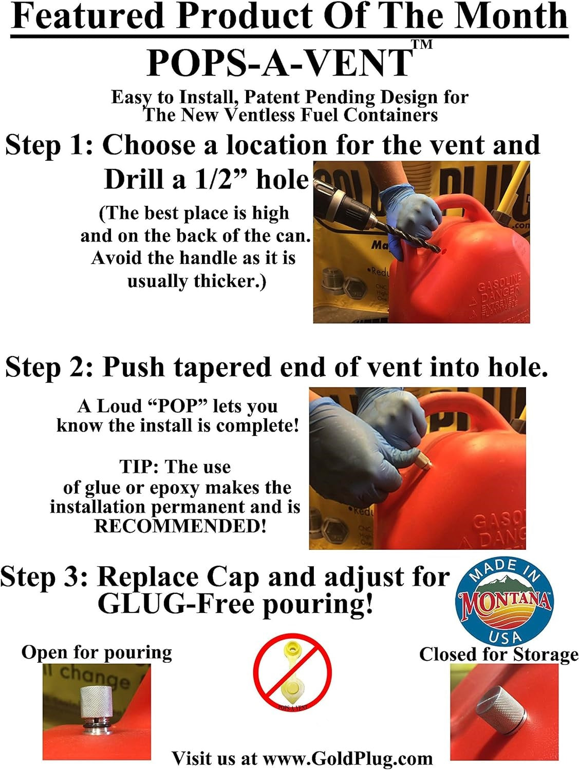 GoldPlug | MADE IN USA |Gas Can Vent Cap Replacement | Gold Anodzied Aircraft Grade Aluminum | Lifetime Protection | Pops-A-Vent |