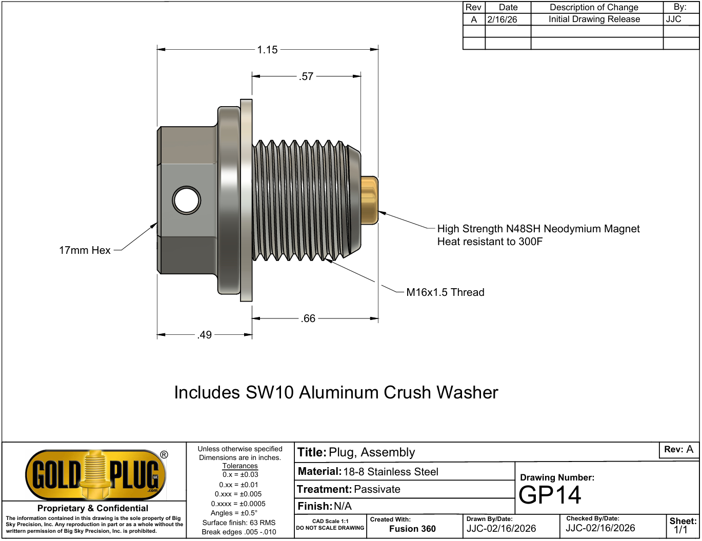 GoldPlug | M16x1.5 | GP14 | USA | Magnetic Drain Plug | Stainless | Fits all Subaru 4 Cylinder engines | SW10 Washer Included |