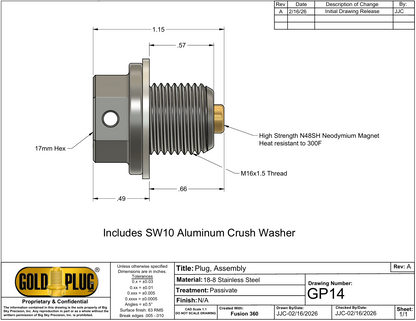 GoldPlug | M16x1.5 | GP14 | USA | Magnetic Drain Plug | Stainless | Fits all Subaru 4 Cylinder engines | SW10 Washer Included |